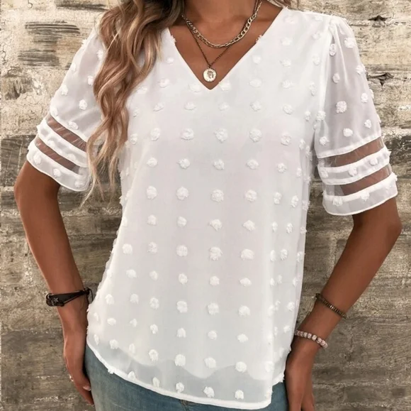 Swiss Dot Vneck Short Sleeve Blouse in White - Picture 7 of 7